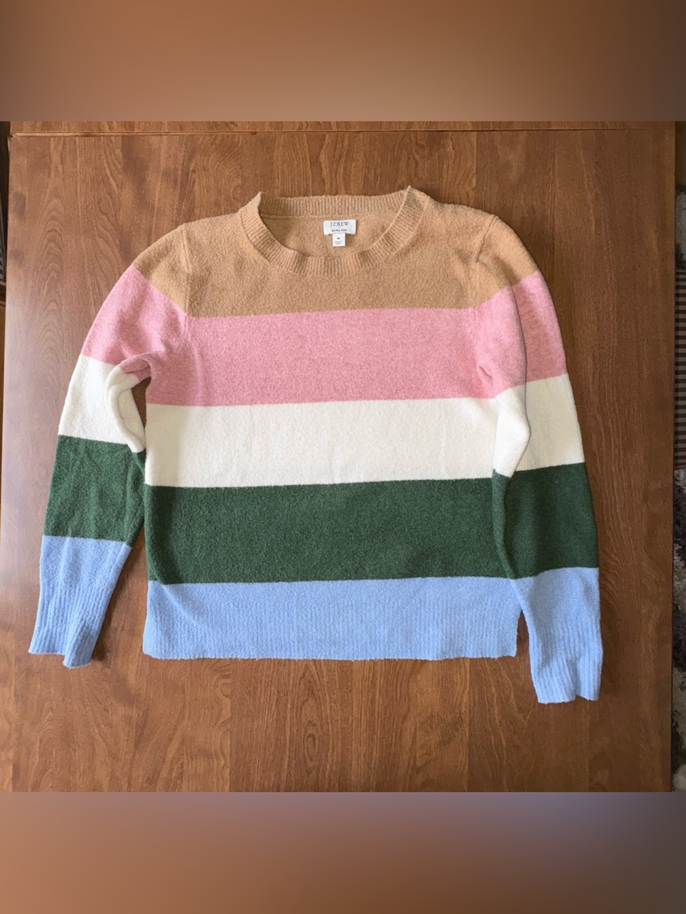 J. Crew Striped Crewneck Sweater in Pink, Cream, Tan, Green & Light Blue
